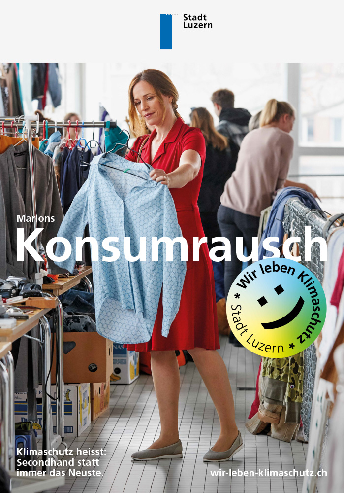 Plakatsujet Konsumrausch mit Frau am Flohmarkt